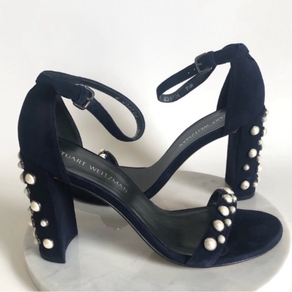 Stuart Weitzman Navy Pearl-Embellished Heels